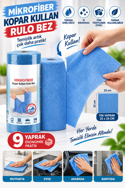 grimorlife 1 Adet 9 Yaprak Mikrofiber Kopar Kullan Rulo Temizlik Bezi – 25x25 cm, Yüksek Emicili, İz Bırakmayan, Çok Amaçlı Temizlik Bezi
