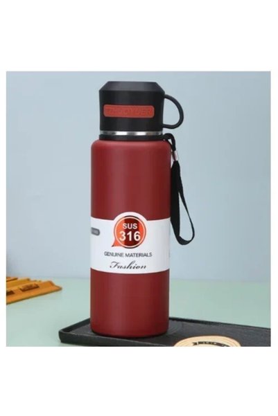 OEM Ανοξείδωτο παγούρι-Θερμός με φλιτζάνι 1500ml σε κόκκινο χρώμα