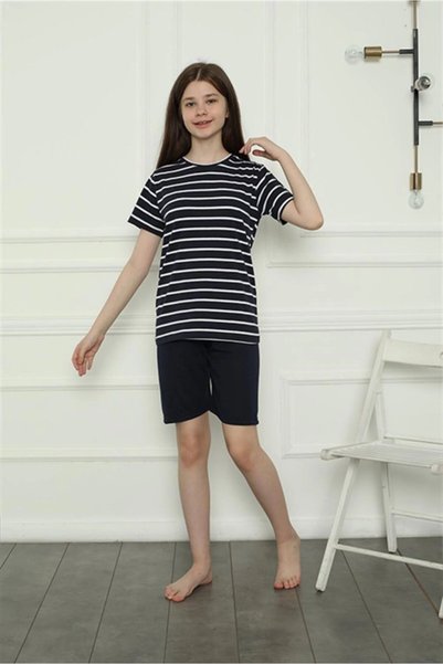 Mariposa Secret Girl's Combed Cotton Shorts Pajama Set Navy Blue