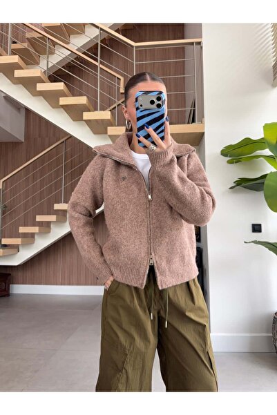 BB Bensu Buyruk Double Zippered Wool Textured Knitted Cardigan