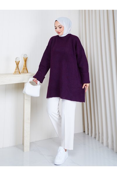 EFSUN MODA Women's Circular Neck Oversize Knitwear Tunic Sweater Tesettür