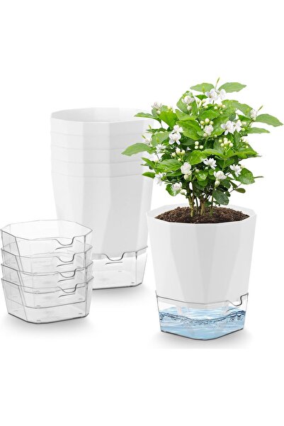Generic 6 Pack Self Watering Plant Pots Indoor, 12.5cm White Plastic Flower P...