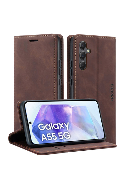 ERBORD Husă Samsung Galaxy A55, Husă tip portofel vintage, Maro cafea + Folie...