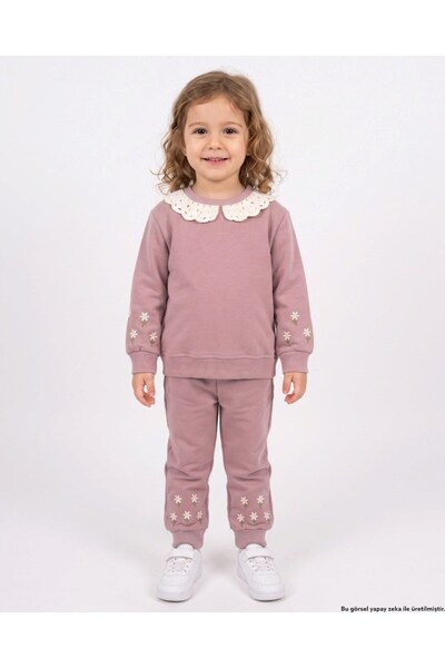 VOY KİDS Girl's Winter 3-Strand Ruffled Daisy Detailed, Collared, Thick Track...