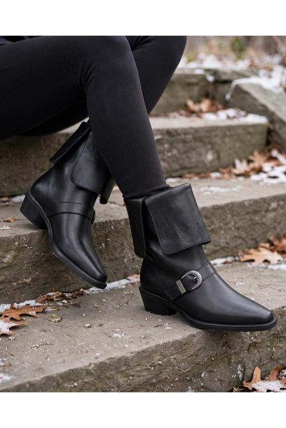 37brandshoes Harness Tokalı, Siyah Deri Katlamalı Konçlu Western Bot
