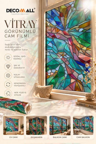 DECOMALL ( VY 37 ) Kendinden Yapışkanlı Vitray Görünümlü Cam Filmi Cam Kaplama