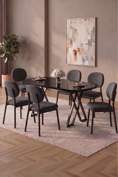 asaella mobilya Hooli 90x168 SİYAH MERMER DESEN Mdf Masa, Metal X Ayak, Metal...