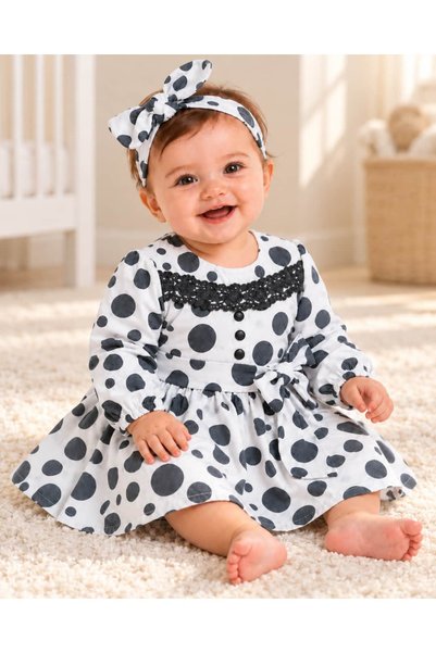 KETBaby 3-18 Months Baby Girl Polka Dot Lace Detailed Dress and Headband Set