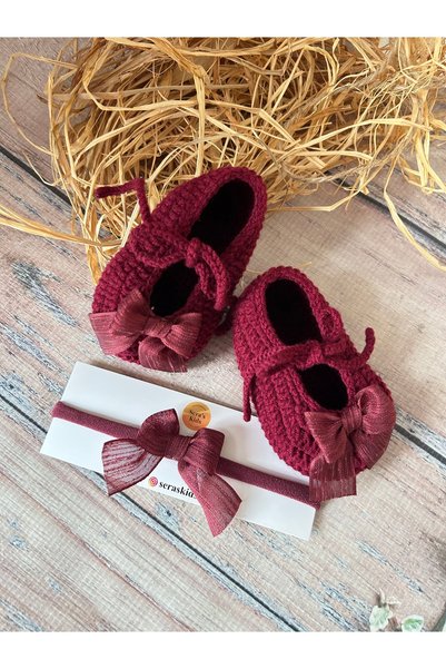 seraskids El Örgüsü Bordo Renk Fiyonklu Yumuşak Kız Bebek Patik ve Bandana Takım