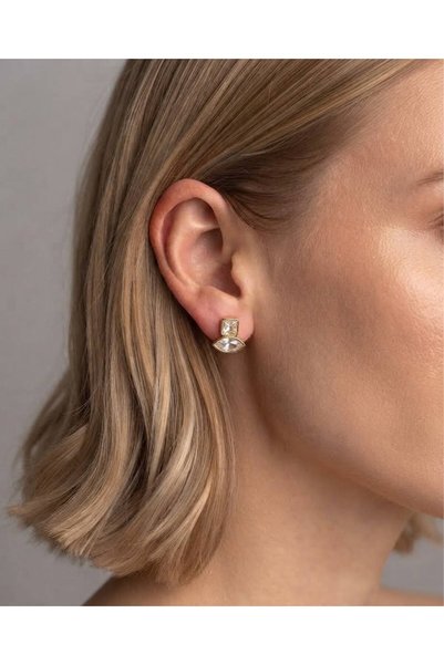 MonCheriAccessoire 14K Altın Kaplama Zirkon Taşlı İkili Küpe