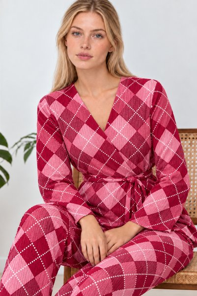 MODAGO Women's Patterned Home Style Belted Pink Pajama Set 4808