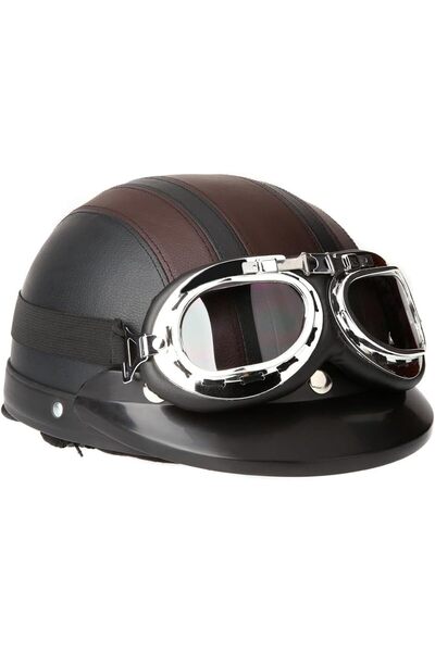 Generic Open Face Half Leather Helmet With Visor UV Goggles, Vintage Motorcyc...