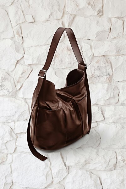 Gogoey Leather Pocketed Striped Women's Strap Shoulder Bag Brown