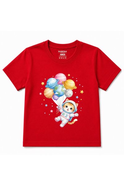 Rabona Fashion Space Cat Planet Balloons Graphic Kids T-Shirt