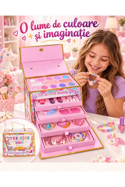 Generic Brand Trusa machiaj si accesorii Unicorn, 5 compartimente, 10 farduri...