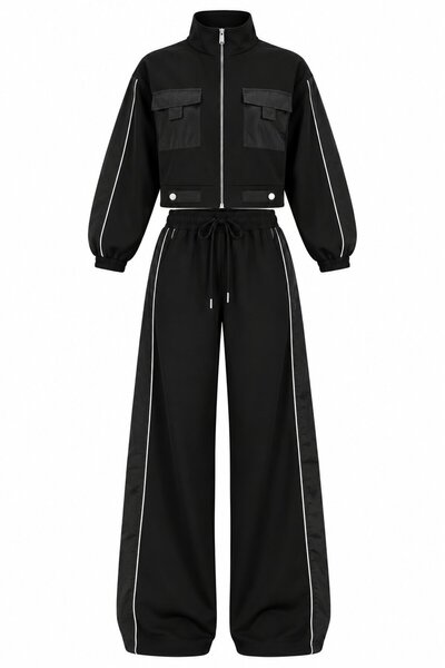 Laluvia Black Parachute Fabric Suit with Pocket Detail - T4221