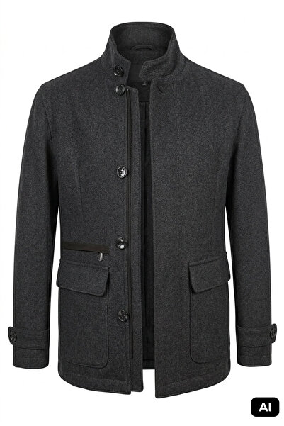 İgs Anthracite Regular Fit Comfortable Fit Stand Collar 60% Wool Double Zipper Closure and Flap Pocket Coat