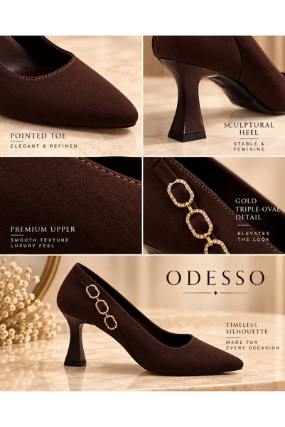 ODESSO Women's Black/Brown Suede Pointed Toe Goblet Heeled Shoes with Stone on the Side and Ring Buckle, Stylish Evening Dress Stilettos