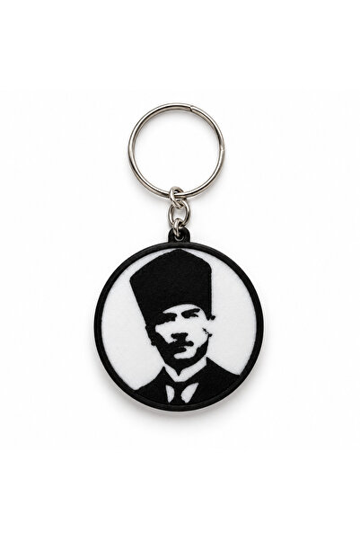 Atatürk Portreli Yuvarlak Anahtarlık Siyah Beyaz Çanta Aksesuarı Anlamlı Hediye