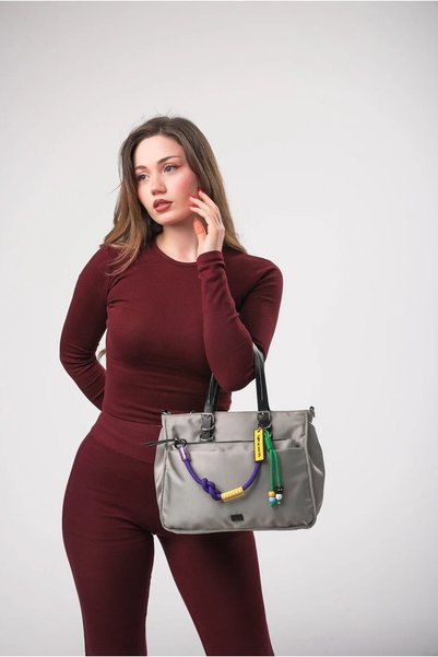 ÇÇS Geantă de umăr casual pentru femei, cu volum interior mare, buzunar frontal cu fermoar, mâner dublu, detaliu colorat cu șnur, gri 18541