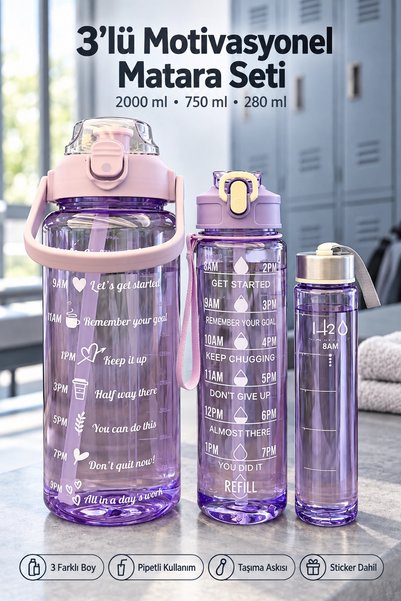 Tilbe Home 3lü Motivasyon Suluk Matara Seti 2000+750+280ml Pipetli Sticker Askılı Spor Okul Su Şişesi Mor Renk