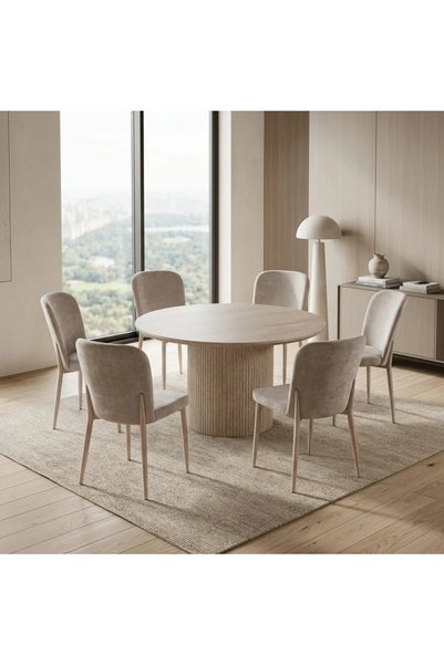 Generic طاولة طعام بديل رخام وقماش بتصميم عصري مودرن ــ بيج ــ 7 قطع ــ 130x1...