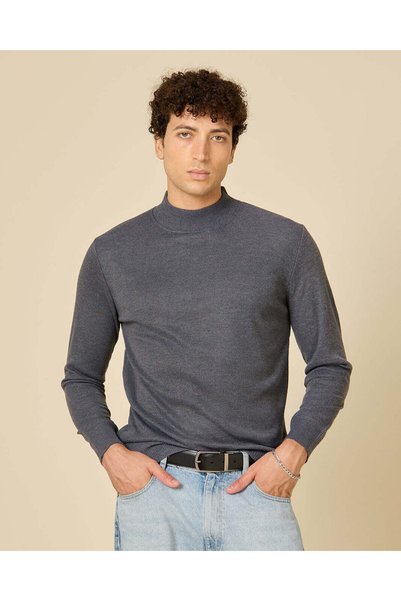 REDTAG Men Grey High-Neck Sweater