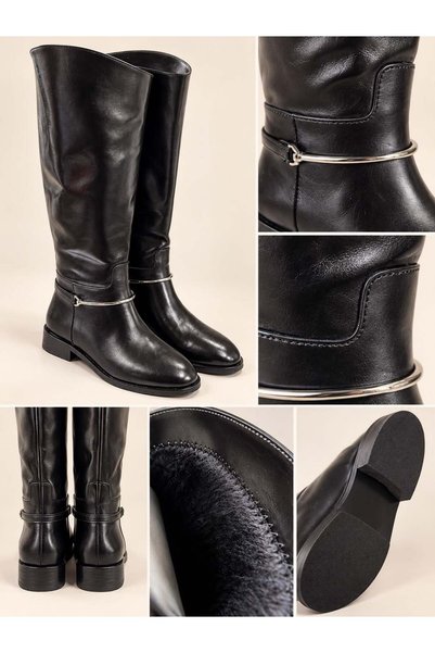 dabab shoes Rustle Women's Black Wrinkled Patent Leather Metal Ring Detailed Warm Lined Non-Slip Sole 3 cm Heeled Long Boots