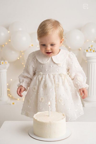 ALYRA Baby Girl White Long Sleeve Bebe Collar Pearl Birthday Eid Special Day Wedding Birthday Dress 9-24 Months