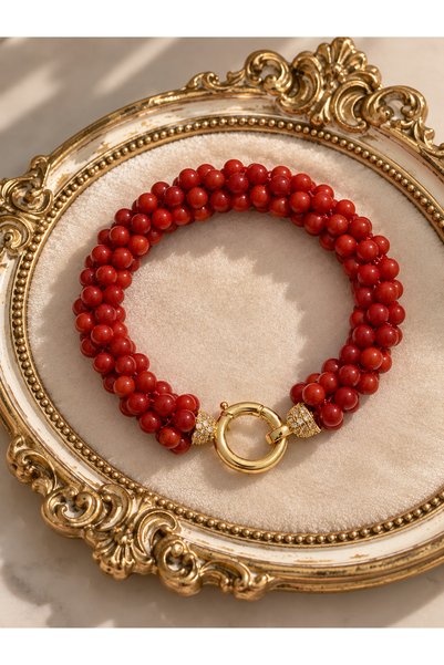 Generic Brand Natural Coral Stone Knitted Bracelet with Gold Color Stone and Ring Closure Detail, Handmade Design