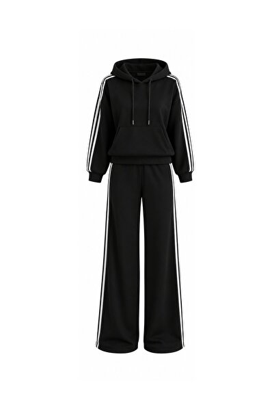 Laluvia Black Double Ribbed Top and Bottom Tracksuit Set - 2Y909019