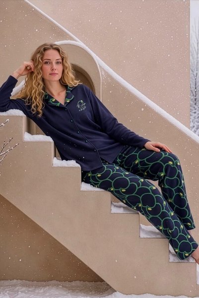 Relax Mode Kadın Lacivert Waffle Göğüs Cepli Uzunkol Pijama Takımı - 8980-2R