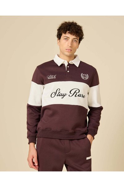 REDTAG Men Burgundy And Ivory Rugby Sweatshirt
