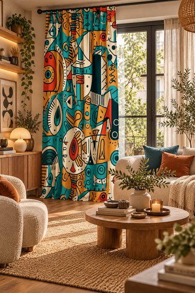 ALAMODECOR Çok Renkli Etnik Desen Kornişle Uyumlu Tek Kanat Fon Perde