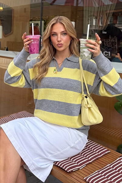 SUBU TASARIM Striped Oversize Polo Collar Knit Sweater Tbsfhm4449
