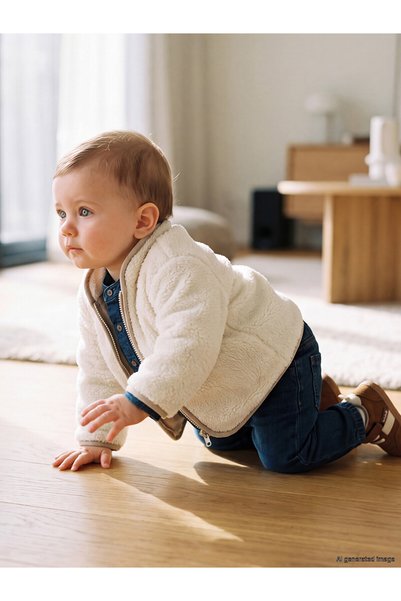 LC Waikiki Nevavm Lcw Baby Beige High Collar Plush Baby Boy Cardigan