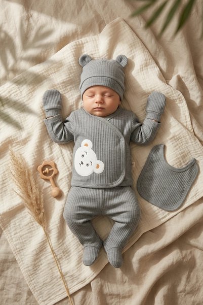 ANP MODA TASARIM Sage Gray Teddy Bear Embroidered Baby Boy Ribbed Cotton 5-Pi...