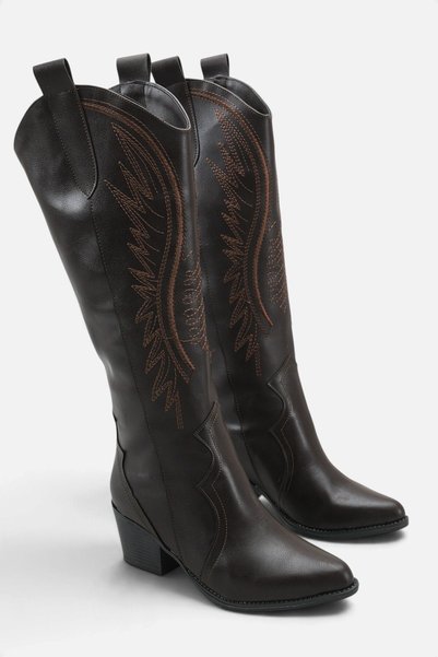 FOLLOWIN Women's Brown Cowboy Boots Western Embroidered Below-Knee Thick Heeled Boots