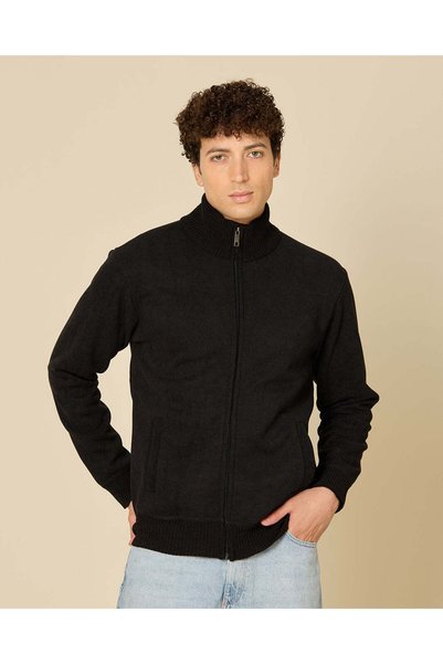 REDTAG Men Black Zip-Neck Sweatshirt