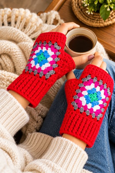 Awesomecrochet Women's Fingerless Knitted Gloves Red Color Motif Handmade Win...