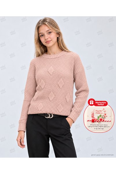 Minimoda Kids Pulover tricotat cu guler rotund și model baklava pentru fete