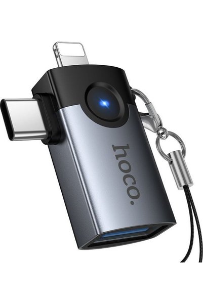 Hoco Προσαρμογέας OTG 2 σε 1 Lightning / USB-C σε USB-A UA46E Victory γκρι