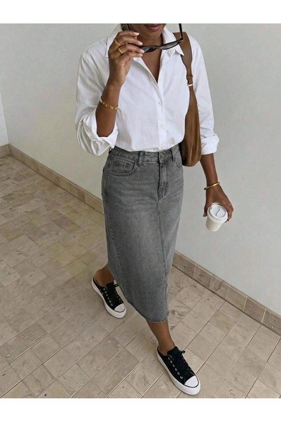 Noxter Women's Gray Washed High Waist Long Midi Jeans Skirt Denim Straight Cut