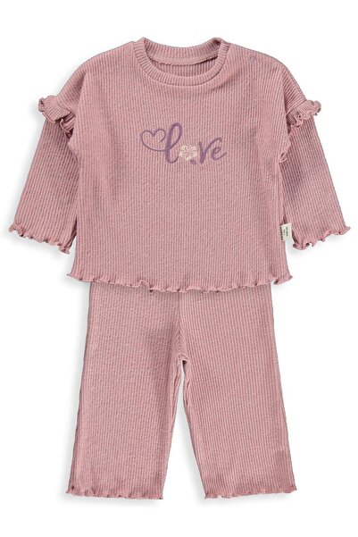 Bebbek Set cu detalii brodate cu volane Love, pentru copii de 2-5 ani - Roz