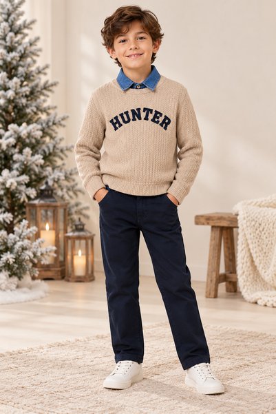 tinytrends Erkek Çocuk Hunter Triko Kazak Denim Gömlek Pantolon 3'lü Takım Bayramlık