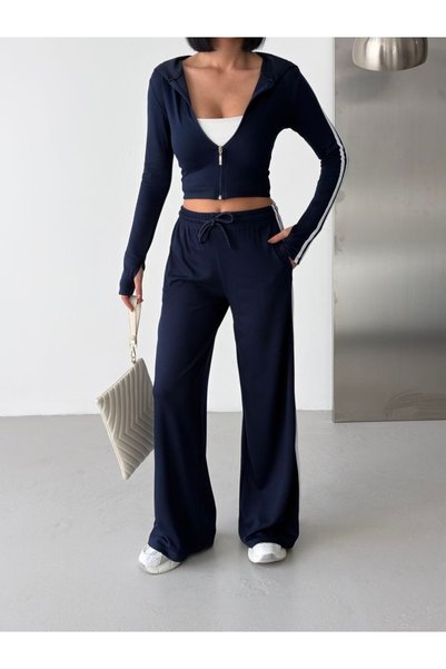 ELBEY Stripe Detailed Hooded Double Suit with Finger-Hole Design and Wide Legs
