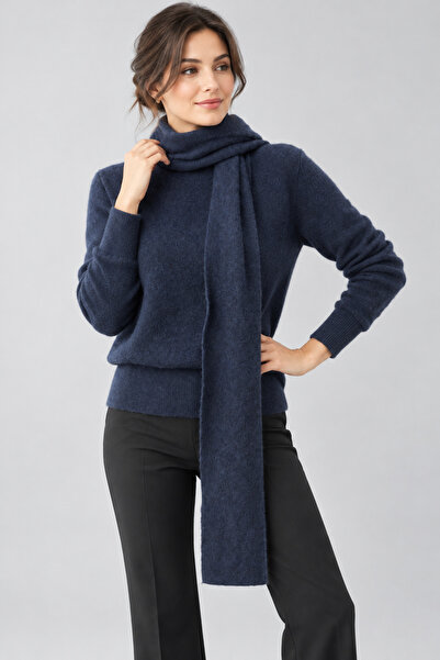 Lupies Women's Crew Neck Wool Knit Sweater with Scarf