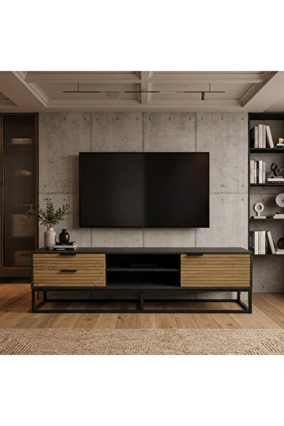 Generic طاولة تلفزيون بيج من خشب وحديد بتصميم عصري ــ بيج اسود ــ 160×40×50 سم