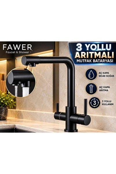 FAWER Faucet & Shower Siyah Arıtmalı 3 Yollu Lüks Mutfak Bataryası - BTR50B
