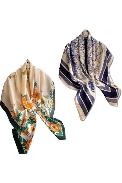 GENERAL Womens Luxury Square Silk Scarves Set Floral and Navy Pattern, 2-Pack...